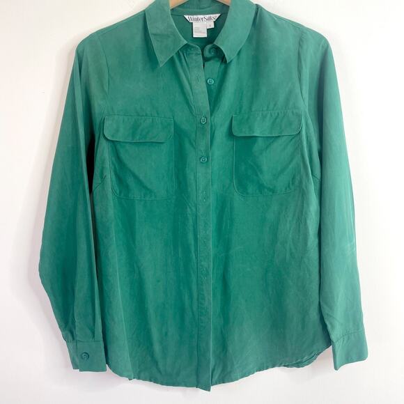 Vintage 90s WinterSilks Minimalist Preppy Classic 100% Silk Button Down Shirt S - Picture 1 of 6